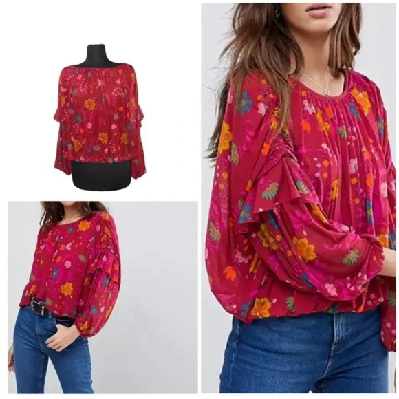 Free People Tops - Free People Sz S Floral Print Mesh Blouse Top Ruched Balloon Sleeve Peas…